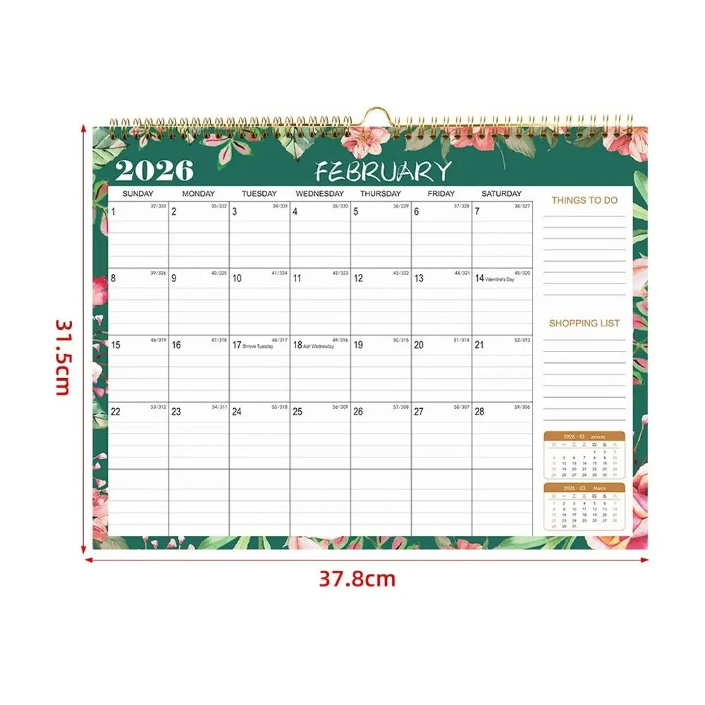 English Version 2026 Wall Calendar Large Date Blocks Floral Design Wall Calendar Aesthetic Design Vertical Display