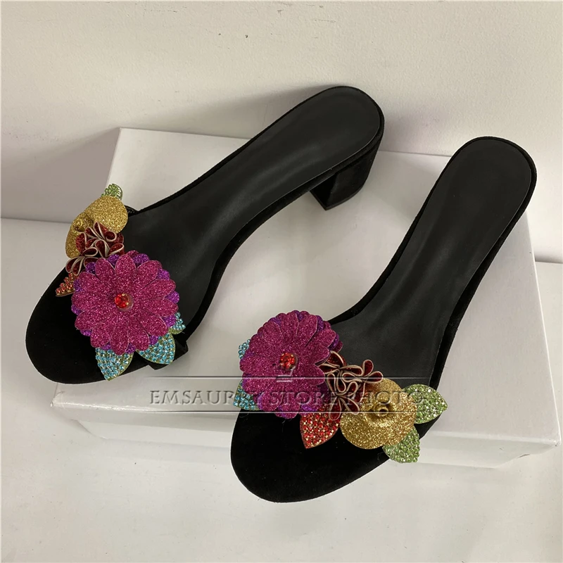 Bling Sequins Colorful Flower Sandals For Girls Luxury Suede Open Toe Slingbacks Crystal Rhinestone Mules Summer