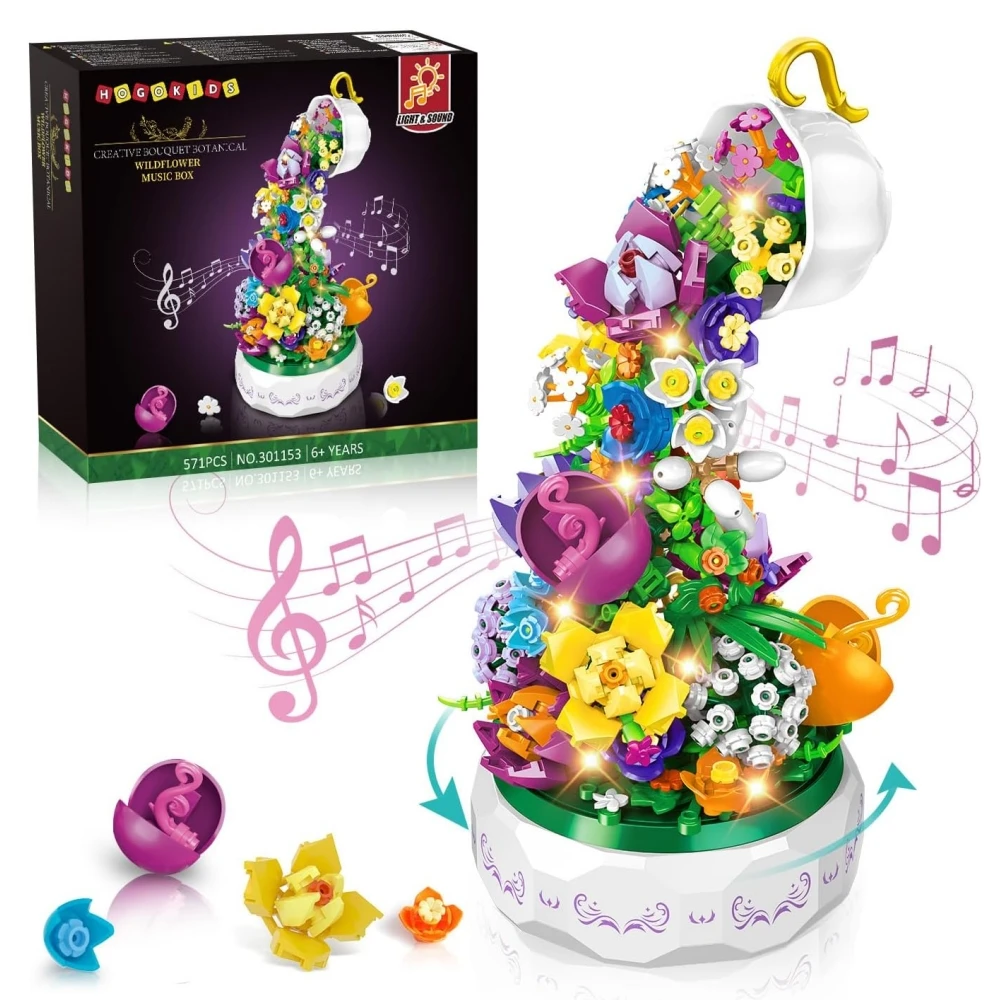 HOGOKIDS Flowers Building Toy with LED Light Creative Bouquet Botanical Rotating Music Box Building Blocks DIY Artificial Flower