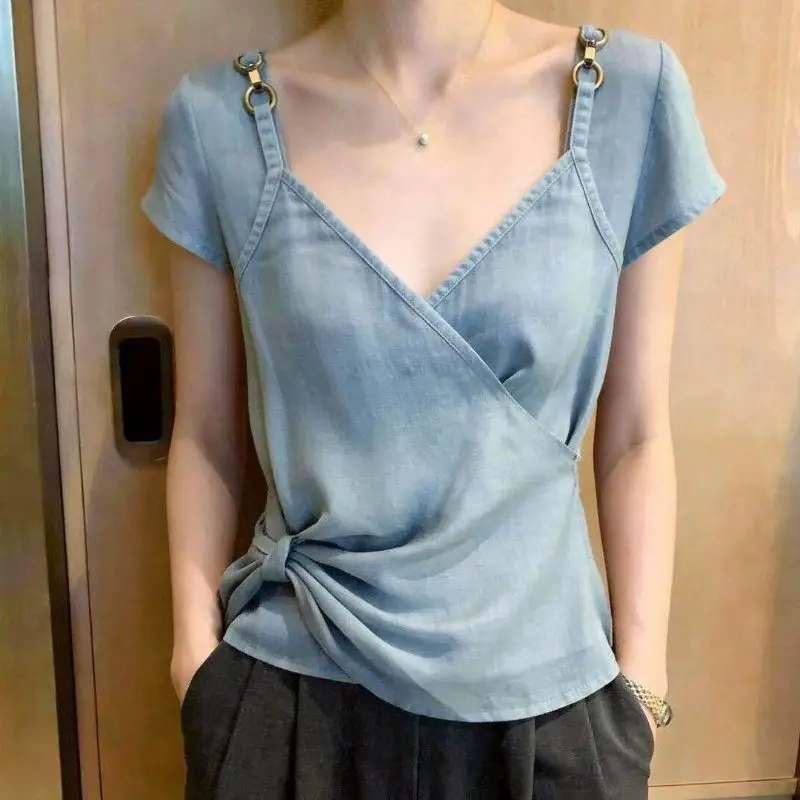 Women Clothing Summer Korean Fashion Solid Color V-neck Female Sling All-match Fashionable Young Style Appear Thin short sleeve