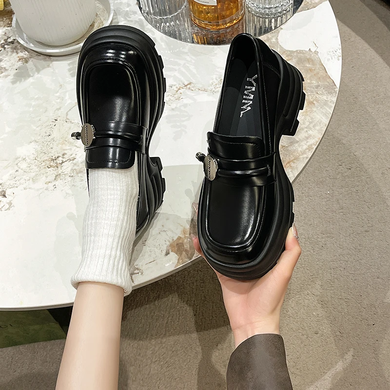 2024 Spring New Women's Leather Shoes Black Mary Jane Loafers British Style Fashion Metal Design Casual Shoes Party and Office