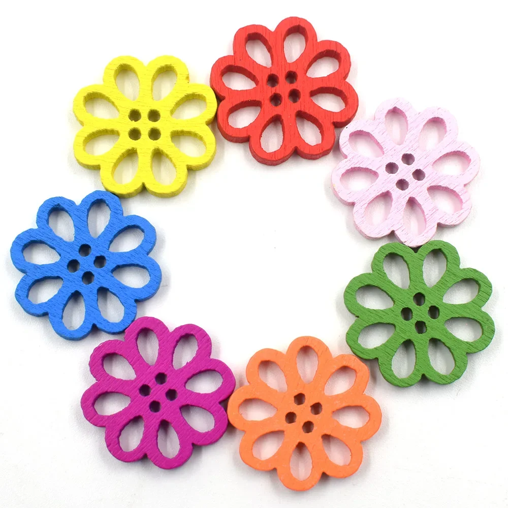 50pcs random mixed colors Flower Shape Wood Buttons  for Handwork Sewing DIY Clothing Crafts Accessories Gift Card Decor - view 5