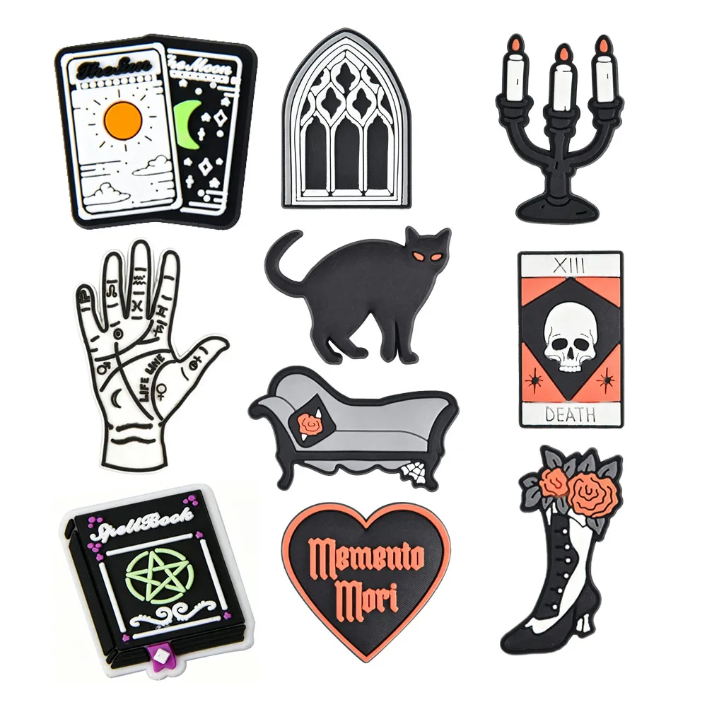 10-100PCS Halloween Tarot Card Black Cat Palm Pattern PVC Shoe Charms For Croc Clog Sandals Wristband Decor Gift