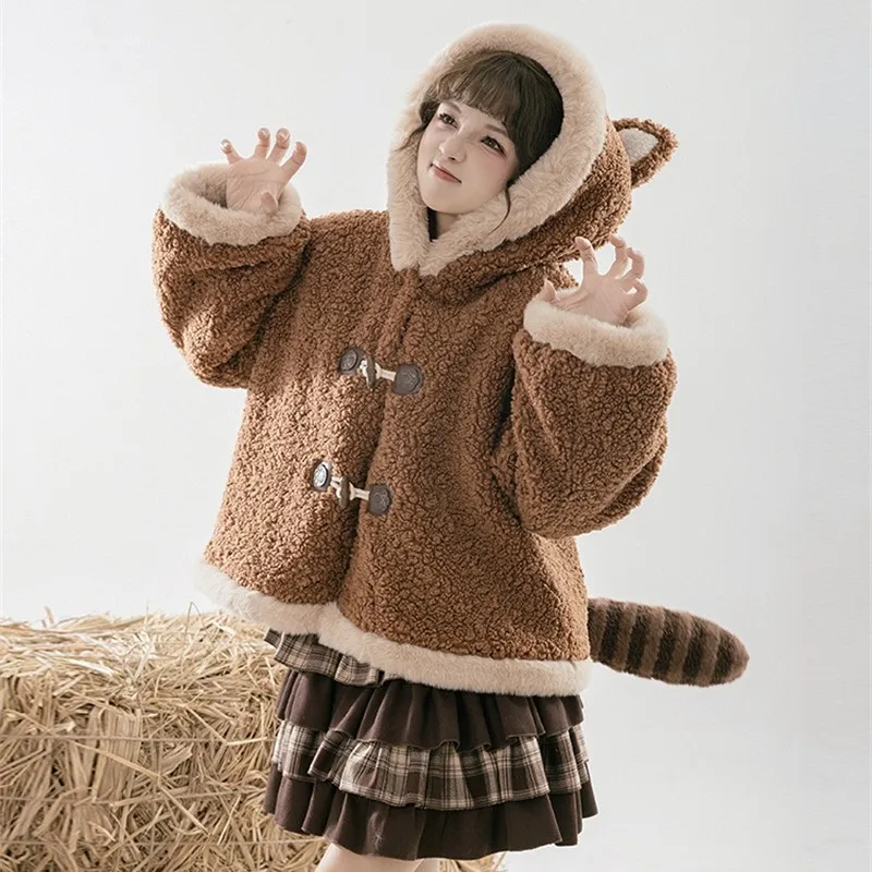 

Cute Lesser Panda Coat Winter Warm Fleece Lolita Top Thickened Horn Button Hoodie With Detachable Tail