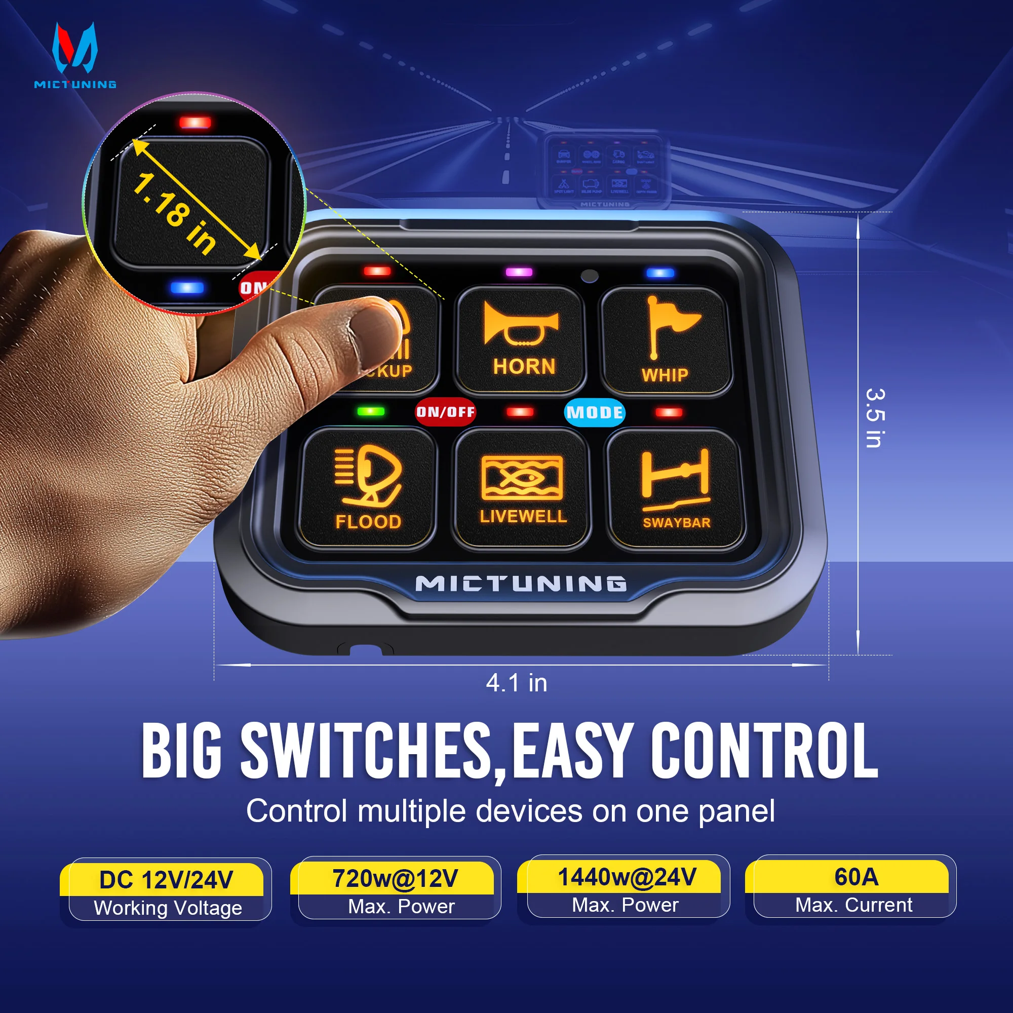 MICTUNING Painel de interruptores de 6 gangues P8-Ultra, caixa de sistema de relé de controle de circuito universal caixa de interruptor multifuncional para caminhão captador de carro