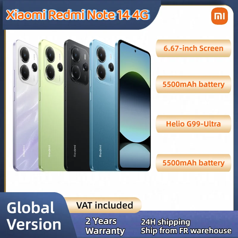 Version Globale Xiaomi Redmi Note 14 MTK Helio G99-Ultra 108MP 6.67" AMOLED 120Hz 5500mAh Charge rapide 33W Avec double haut-parleur