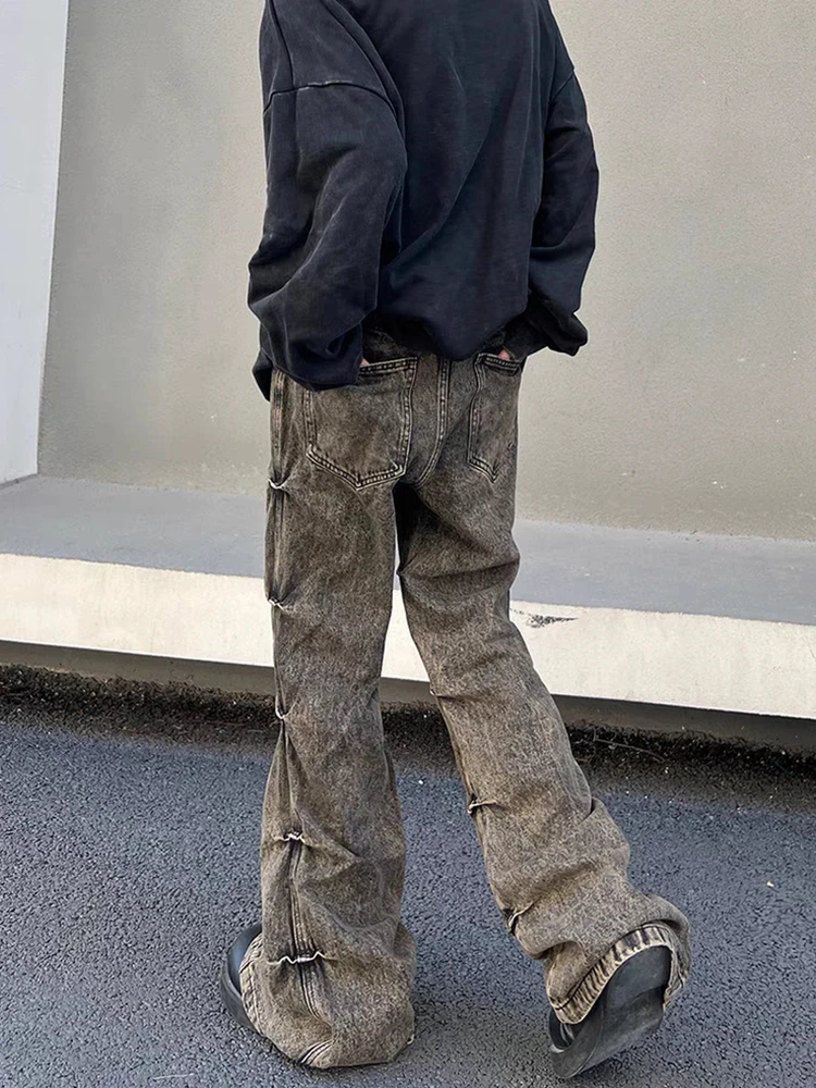 REDDACHIC جينز عتيق مغسول Pintuck مضيئة للرجال يفعل قديمًا منخفض الارتفاع Pintuck Ruched واسع من قيعان جرس من قماش الدنيم Y2k Harajuku ملابس الشارع