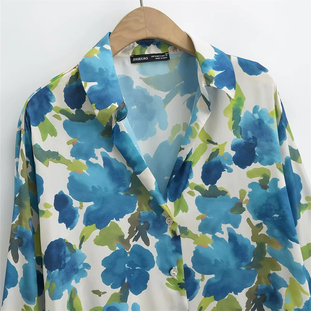 2024ZAR * Spring/Summer New Women\'s V-neck Button Decoration Silk Satin Texture Printed Long sleeved Shirt