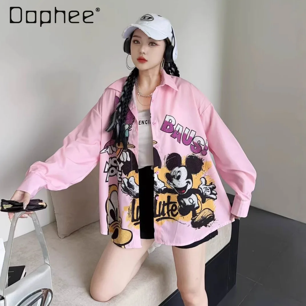 

2025 Autumn New Korean Version Loose Versatile Casual Shirt for Women with Cartoon Design Long Sleeve Rhinestone Print Tops