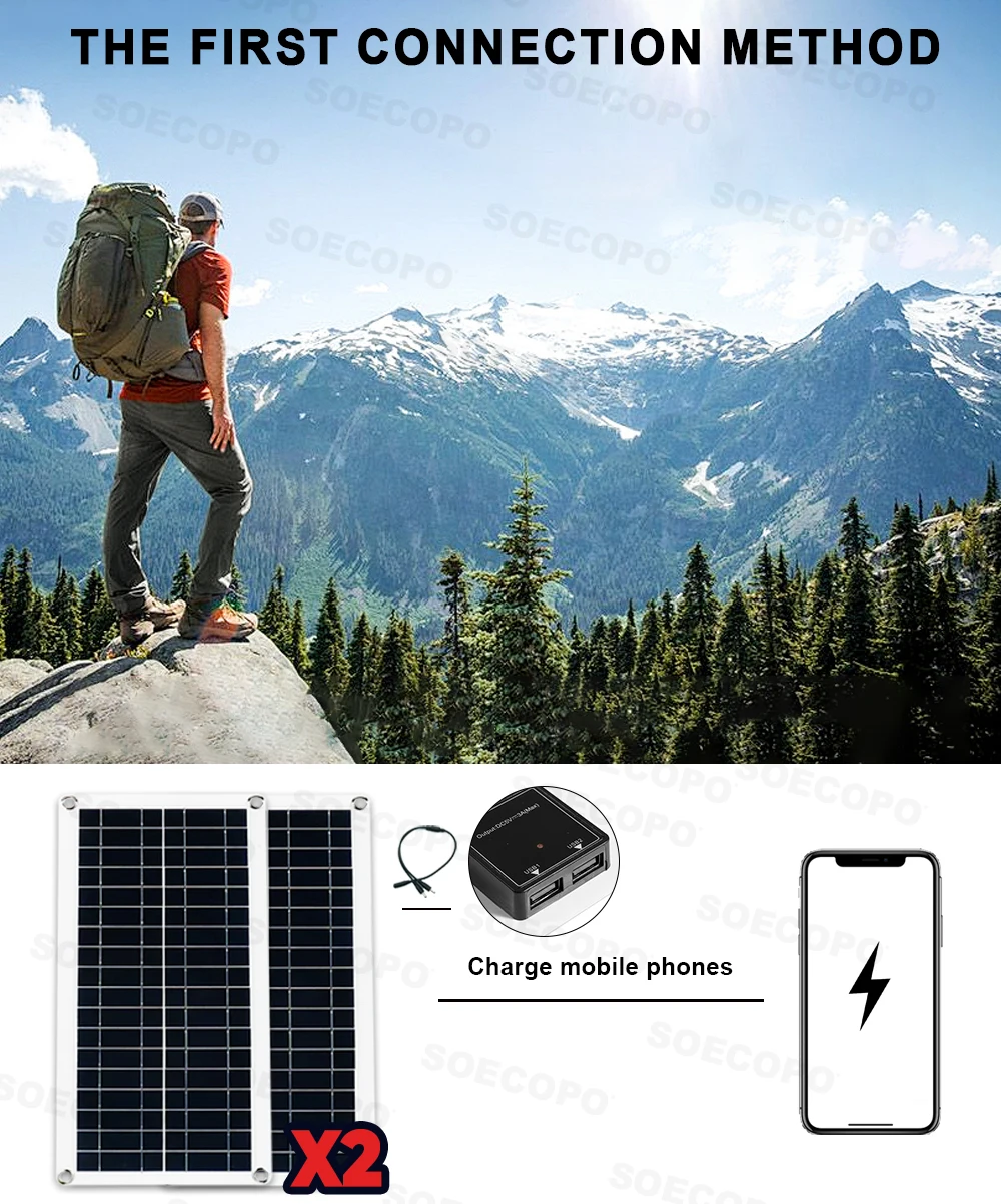 SOECOPO 10000W External Solar Panel Camping 100A Controller Solar Kit Home DC 12V - AC 110V/220VInverter 2*200W Solar Panels