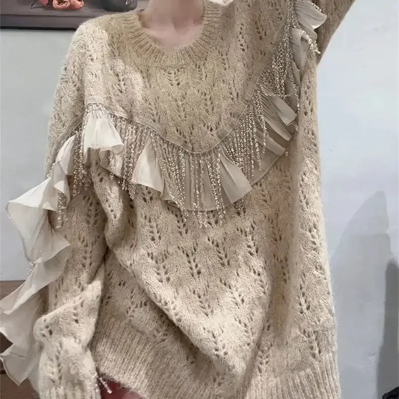 

New Elegant Luxury Beaded Knitted Sweater Women Fashion Tassel Ruffle Autumn Winter Pullover Crochet Hollow Out Cashmere Jumpers
