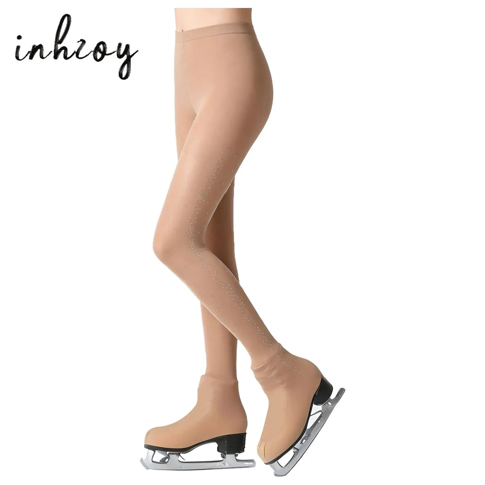 

Womens Figure Skating Boot Cover Tights Pantyhose Buckles at the Bottom High Waist Rhinestone Leggings for Performances Practice