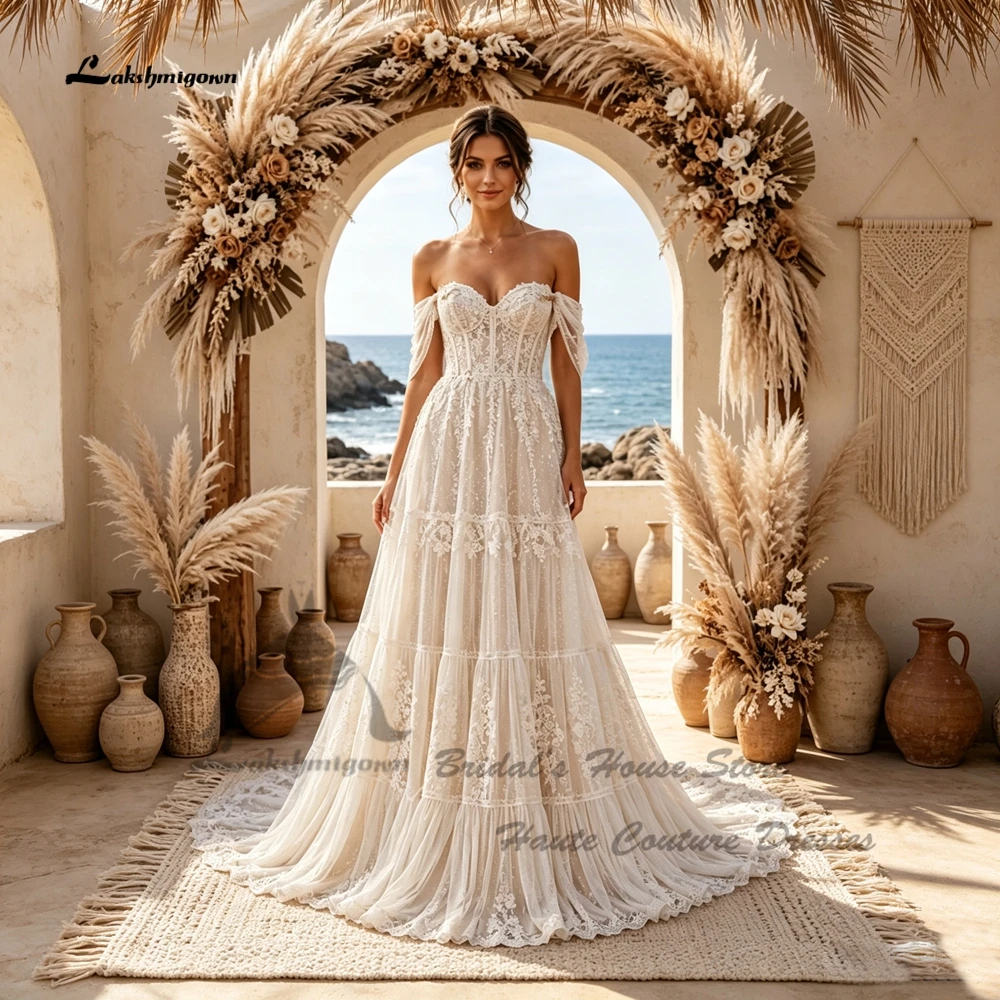 Lakshmigown Zivil Brautkleider aus Spitze im Boho-Stil 2027 Prinzessinnen-Brautkleider aus Tüll für Strandhochzeiten, herzförmiger Ausschnitt, schulterfrei, maßgeschneidert – Detail 3