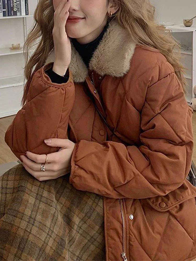 Padding Coat Women Vintage Argyle Parkas Female Autumn Winter Warm Down Jacket Lady Casual Loose Zipper Patchwork Fluffy Coats