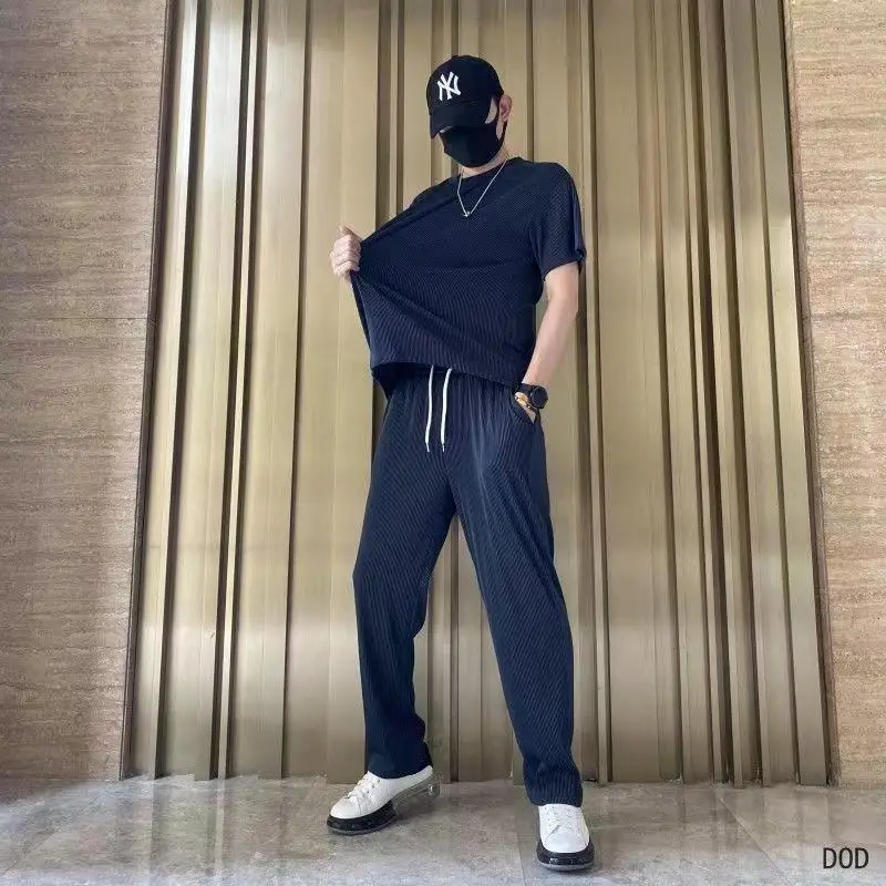 2024 Spring And Summer New Thin Suit Male Korean Version Trend Loose Silky Casual Hanging Louver Strip Elastic Breathable Suit