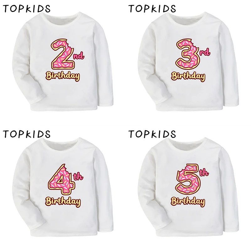 Customize Name Kids T-shirts Donuts My 1 2 3 4 5 6 7 8th Years Birthday Girls Clothes Baby Children Long Sleeve T shirt Present