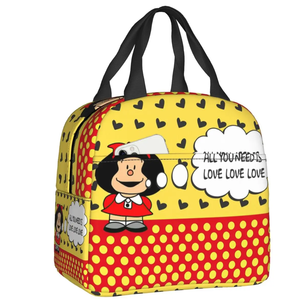 

Изолированная сумка-тоут для обеда с героями мультфильмов Quino Mafalda для женщин, многоразовый холодильник с комиксами, термобокс для еды, школьный ланч-бокс