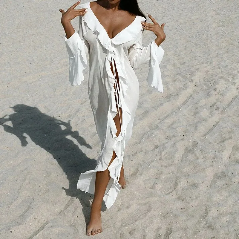 2026New ChiffonTuni BeachCover UpCover-ups Dress Sunscreen Beachwear Womens Clothing Sexy V Neck Ruffled Long Sleeve Black White