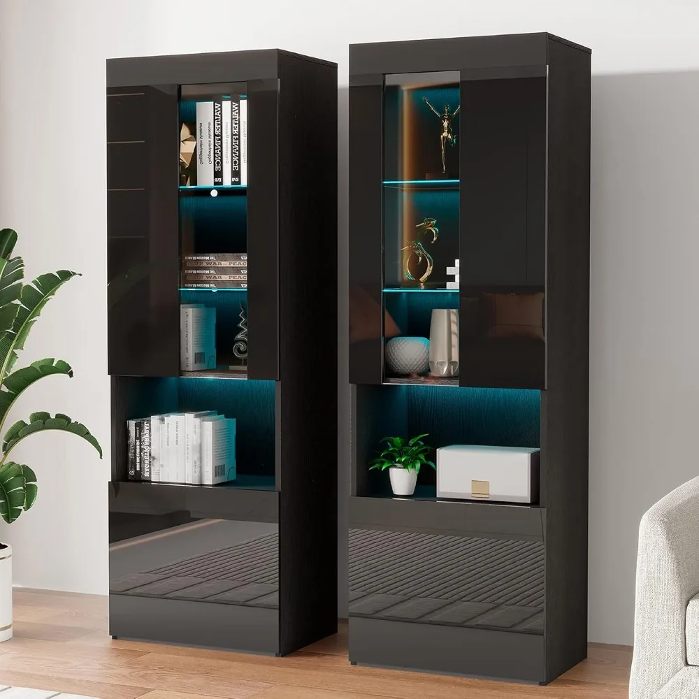 2 Piece 71in Bookcase Storage Cabinet Glass Doors, Gloss LED Bookshelf Display 5 Tiers Storage & Adjustable Shelves ,  Black