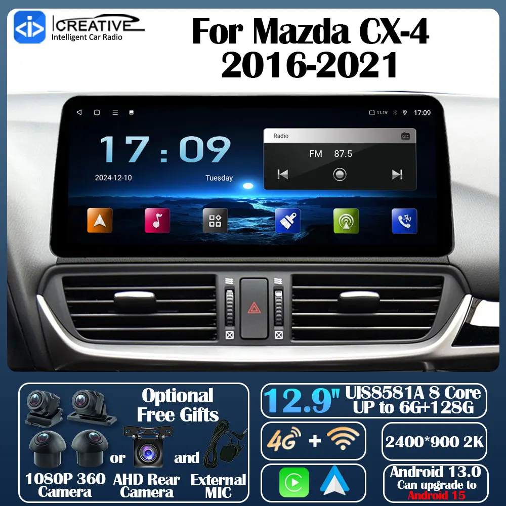 Android 13 Car Radio Carplay Auto For Mazda CX-4 2016-2021 Multimedia Stereo 360 Camera Navi GPS Video AI Voice 2din Intelligent