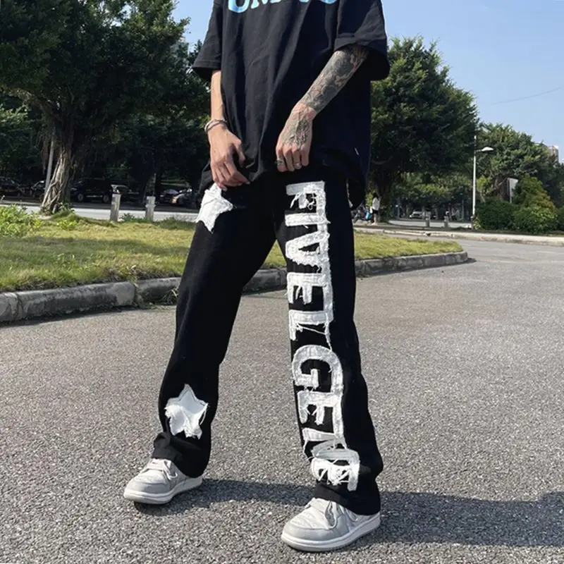 American High Street Letter Patch Hip Hop Jeans Men'S Hiphop Retro Straight Leg Men'S Pants Fashion