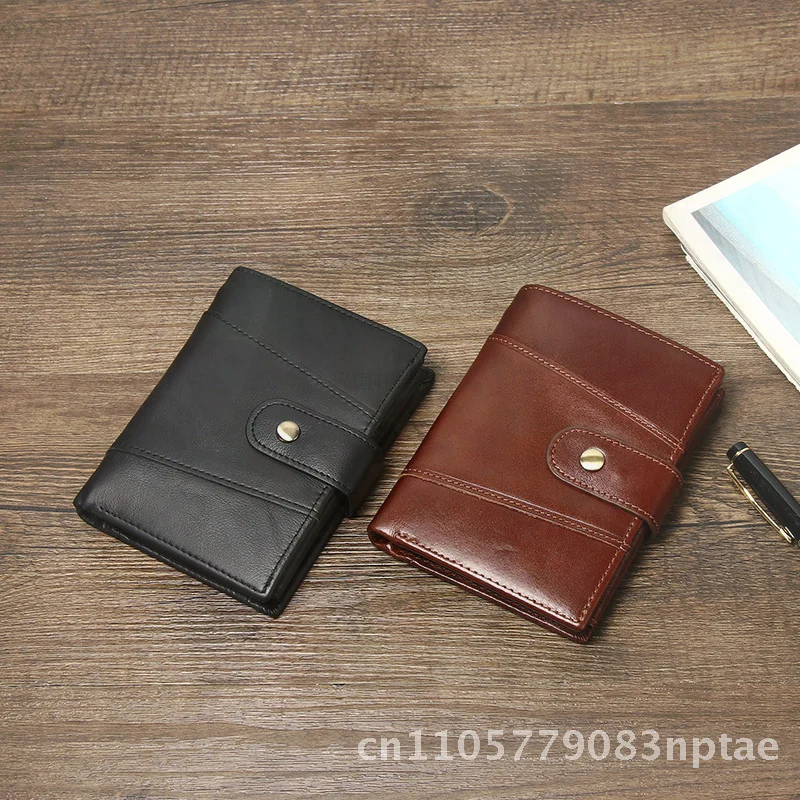 Men's Classic Style Bifold Wallet Top Grain Leather Multiple Card Slots Coin Pocket Color Blocking Geometric Pattern