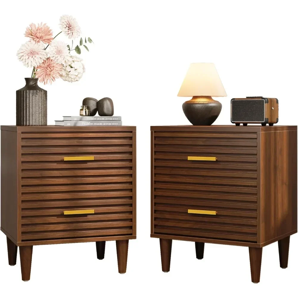 Fluted Nightstands Set of 2, Mid Century Bedside Table for Bedroom, End Table with 2 Drawers, Modern Bed Side Table with Storage