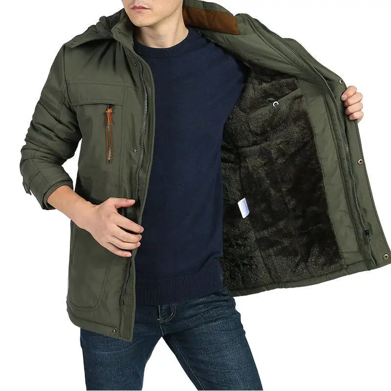 Thick Warm Outerwear Big Size Multi-pocket Men's Winter Jacket Fleece Linning Outdoor Parka Coat Hooded Windbreaker