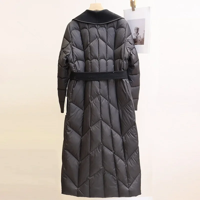 سيدة الموضة الأبيض بطة أسفل معطف الصوف المرقعة أسفل سترة للنساء 2025 الخريف الشتاء نمط جديد طويل ريشة سترة منفوخة #4
