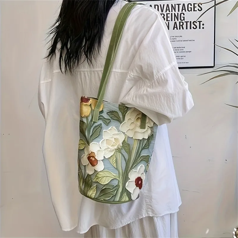 

Женская сумка-ведро с цветочным принтом, через плечо, картина маслом, цветочный дизайн, повседневная модная большая сумка, доступна зеленая, синяя, черная