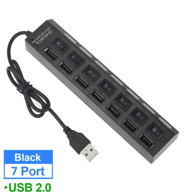 Schwarzer USB-2.0-Hub mit sieben Anschlüssen, mit individuellen Schaltern für jeden Anschluss sowie einem aufgerollten Netzkabel für eine effiziente Geräteverbindung.
