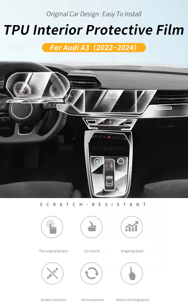 Für Audi A3 8Y 2023 Auto Multimedia Bildschirm Center Getriebe Panel Transparent TPU Automotive Interior Schutzhülle Film Dekor – Detail 1