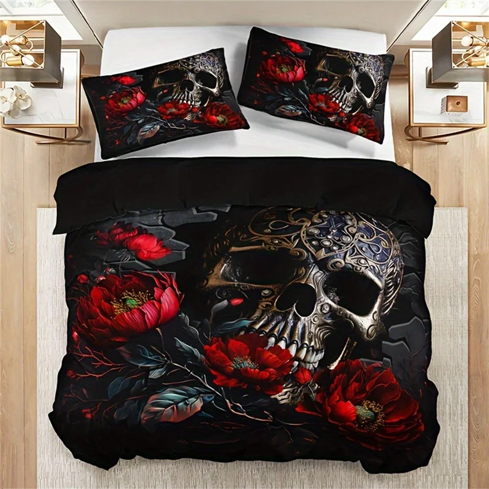 

3-Piece Gothic Skull Floral Duvet Cover Set - Soft Breathable HD Printing Bedding For Home Dorm Decor - Halloween Themed, Comfor