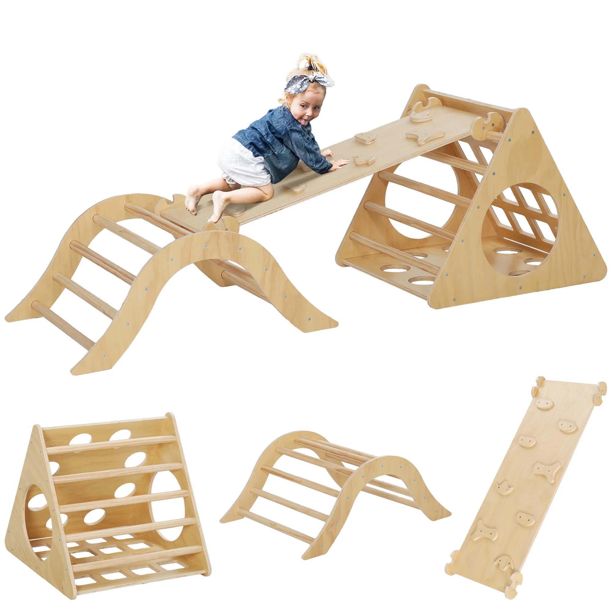 AIYAPLAY Triángulo de Escalada de Madera 8 en 1 175x59,5x60 cm Natural