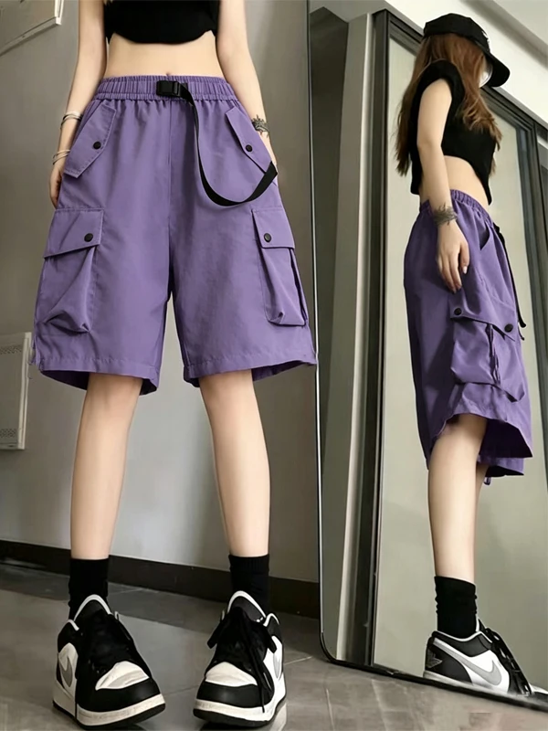 Purple Workwear Shorts Men's Women's American Trendy Brand Fashion Multi-Pocket Mid-Length Sporty Summer Five-Quarter Pants
