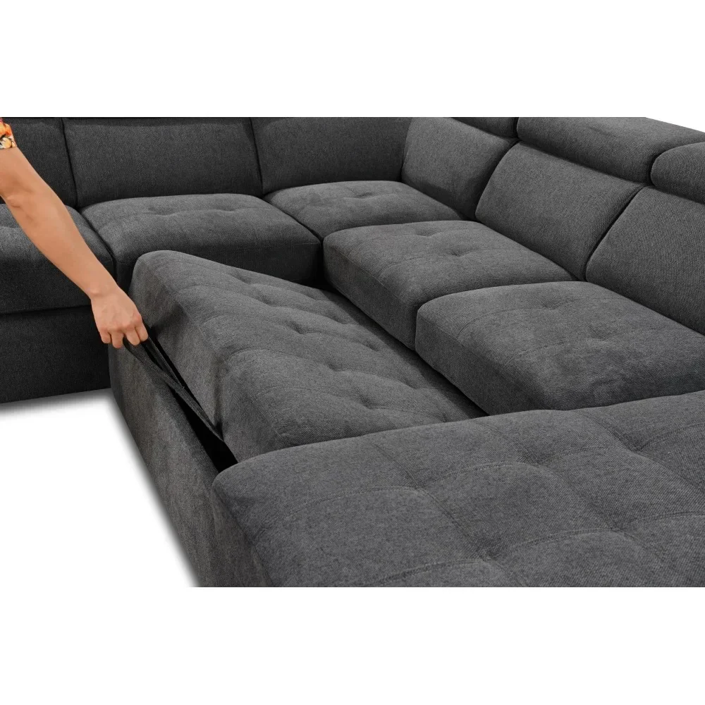 U-Shaped 7-seat Sectional Sofa Couch with Adjustable Headrest, Sofa Bed with Storage Chaise-Pull Out Couch Bed for Living Room