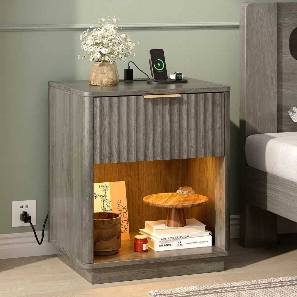 Mid Century Modern Nightstand Set of 2,Fluted LED Design,Rounded Edge,Charging Station,19" W Bedroom Storage, Custom