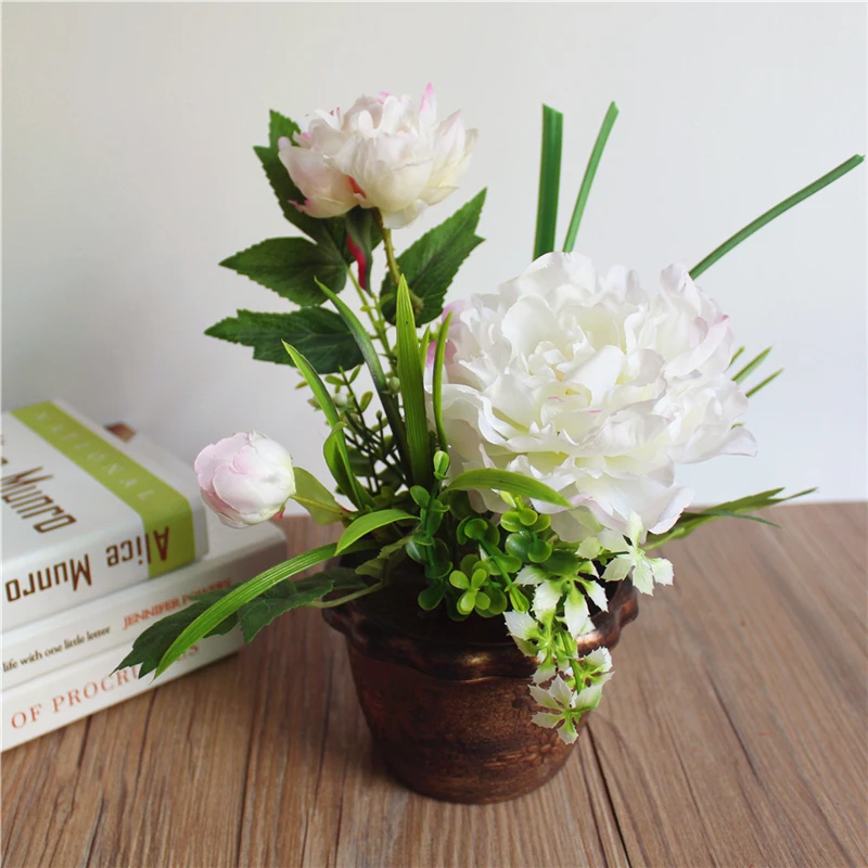 

1 Set Artificial Simulation Silk Peony Flowers + Green Plant Bonsai With Flower Potted Wedding Party Home Decoration