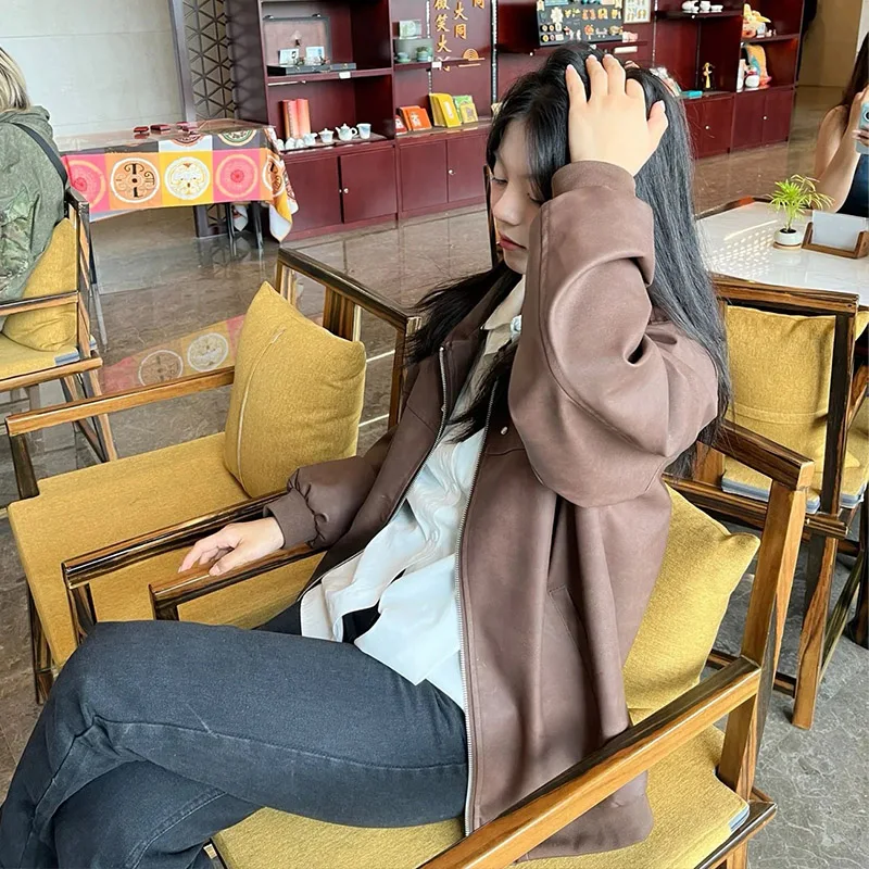 

Women's Clothing American Retro Brown Turtleneck Zipper Leather Jacket for Women Spring Autumn Loose Temperament Trendy Coat Top