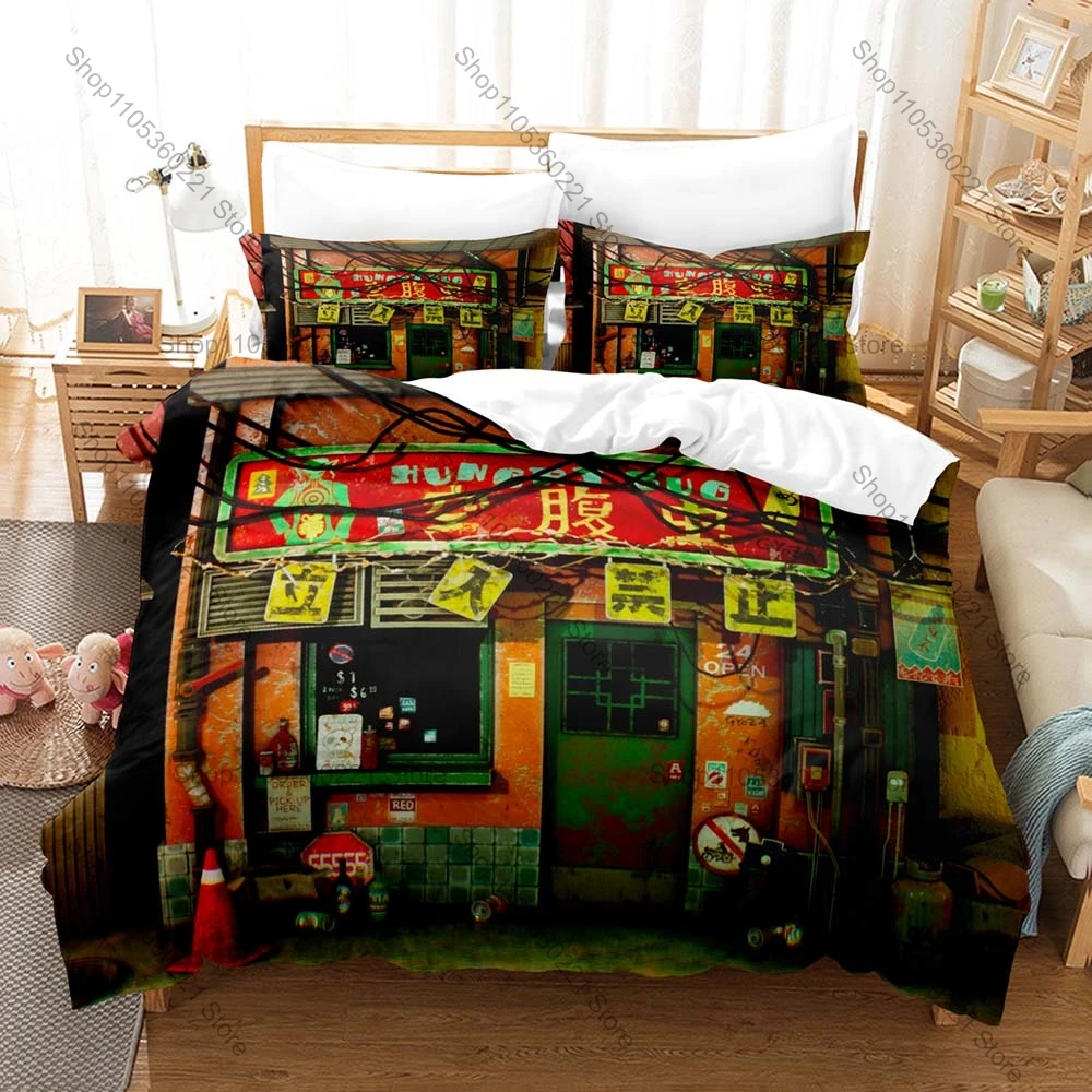 Cool Hungry Bug Neon Light Sign Cyberpunk Night City Street Collage Bedding Duvet Cover + 2 Pillowcases Edgerunners Game Home De