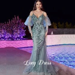 Lucy Sling Long Party Dresses for Prom Applique Shiny Luxurious Women's Evening Dresses Luxury 2024 Mesh Gray Blue Ball Gown