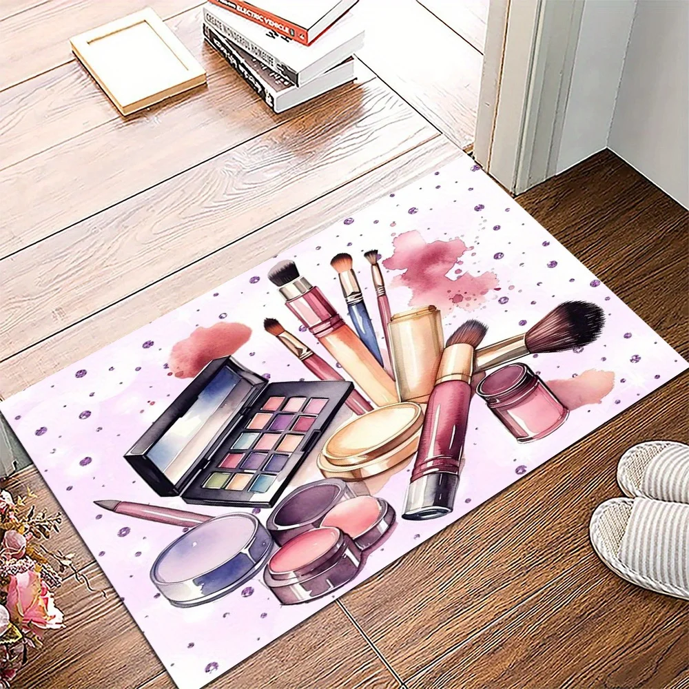 Makeup Cosmetic Print Doormat, Watercolor Beauty Tools Pattern Non-Slip Floor Rug for Bathroom Bedroom Living Room Home Decor