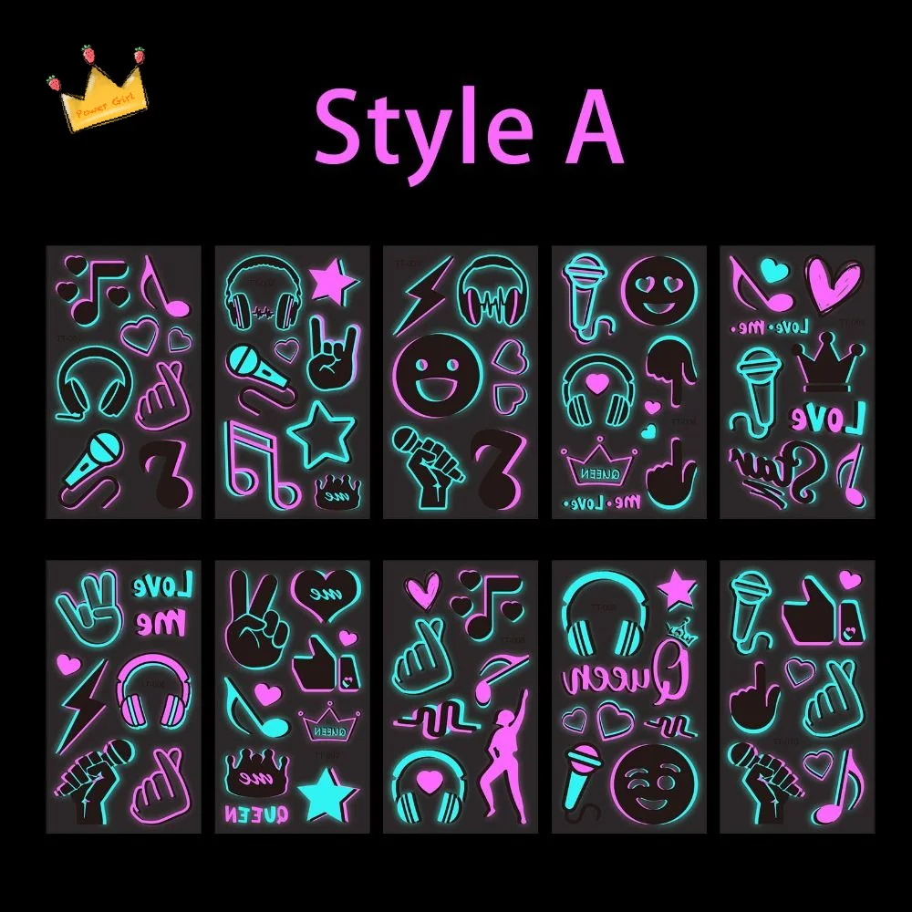 

20Sheets Skin-Friendly Luminous Tattoo Stickers Cartoon Waterproof Music Festival Stickers Night Light Disposable DIY Body Art
