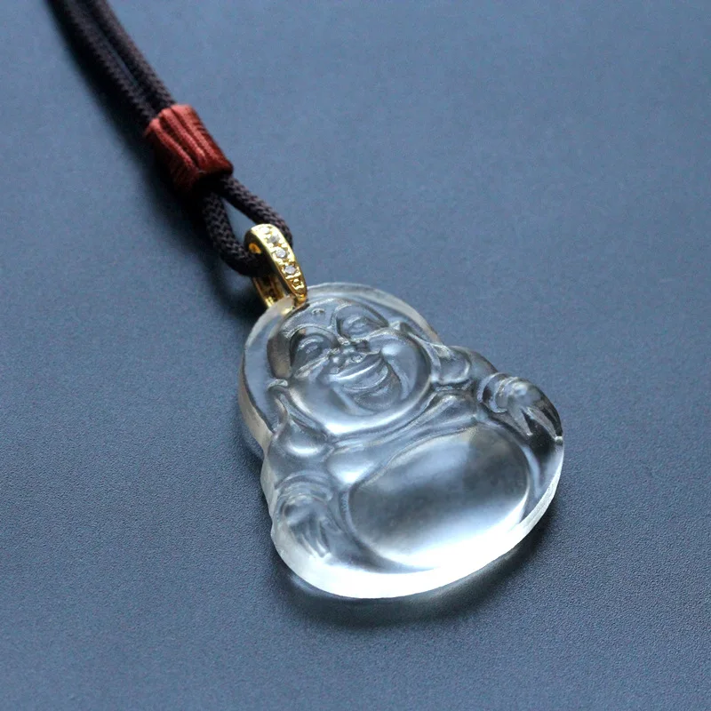 Chinese Style Lucky Liuli Maitreya Buddha Pendant Necklace Good Fortune Blessing Transparent Glass Amulet Sweater Chain Jewelry
