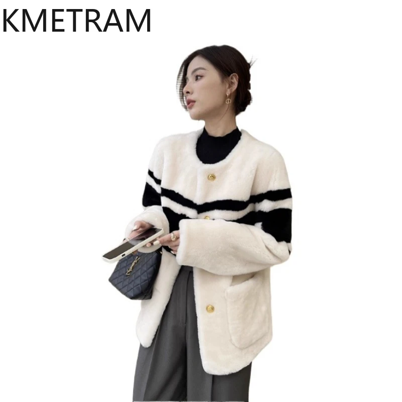 Naturalna wełna merino, skóra owcza, dwustronna kurtka futrzana damska, luksusowy czarno-biały płaszcz z prawdziwego futra, odzież zimowa 2025, fourrure