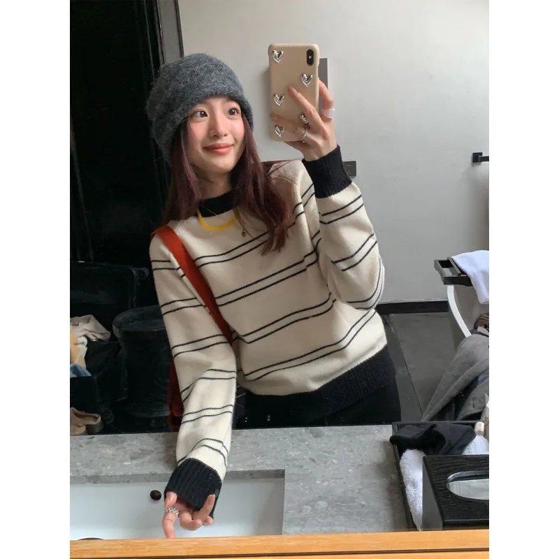 Lazy Style Striped Pullover Sweaters Women Loose Outer Wear Soft Stylish Color Matching Knitted Bottoming Shirt For Autumn