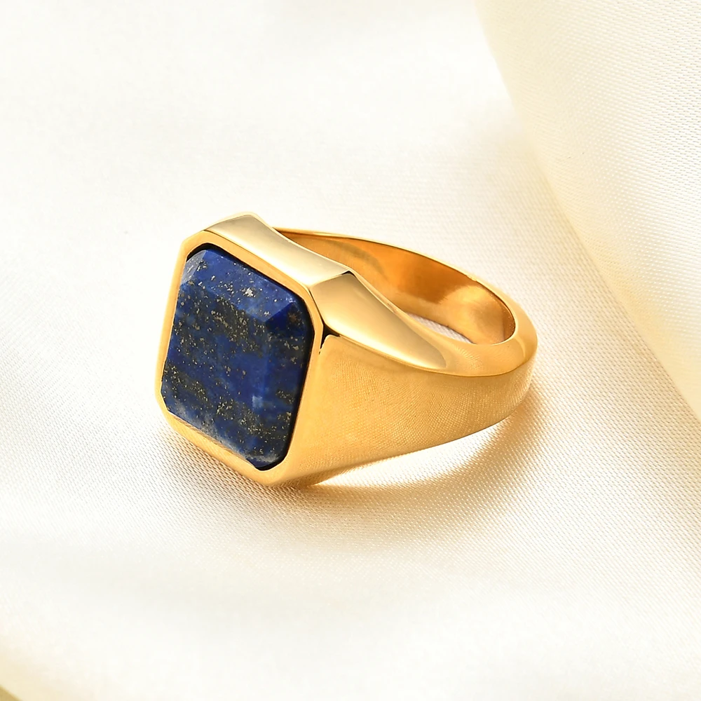 VQYSKO Blue Stone Ring Square Shape Signet Ring Statement Cute Wedding Jewelry For Men Gifts For him