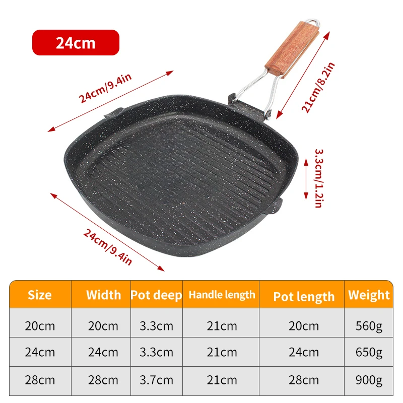 Steak Frying Pan, Cast Iron Non Stick Portable Grill, Deep Square Griddle Pan with Folding Wooden Handles Cooking Pans