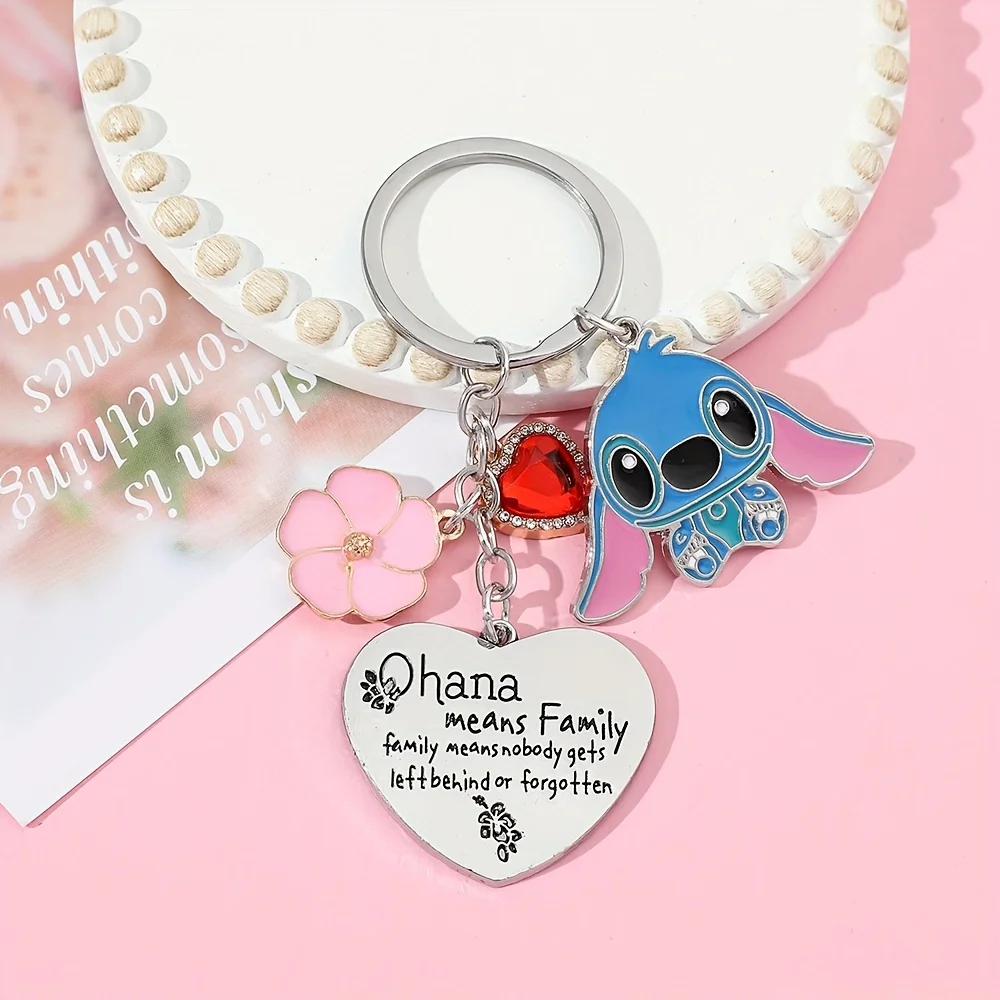 1pc Disney Stitch metal keychain, cute heart-shaped Stitch Ohana floral pendant bag charm，luggage accessories