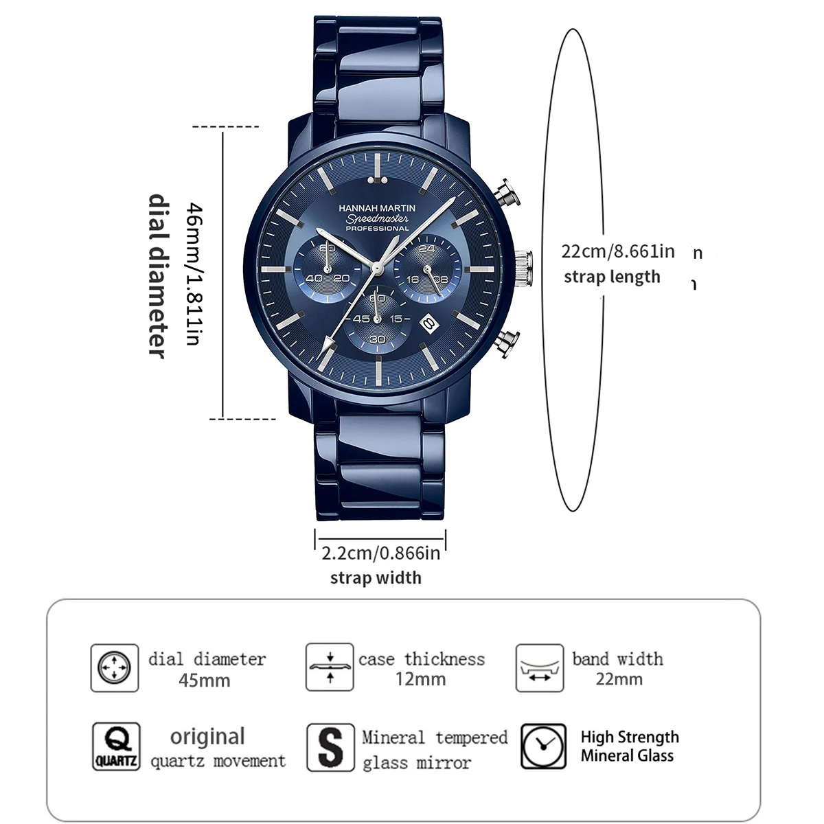 Hannah Martin Watch 46mm Case Multifunctional Timing Dial Blue Stainless Steel Leisure Quartz Waterproof Watches Freee Shipping image 4
